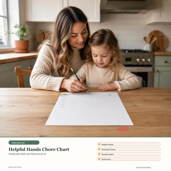 Helpful Hands Chore Chart printable PDF preview in a calm home scene - Sprout & Nest