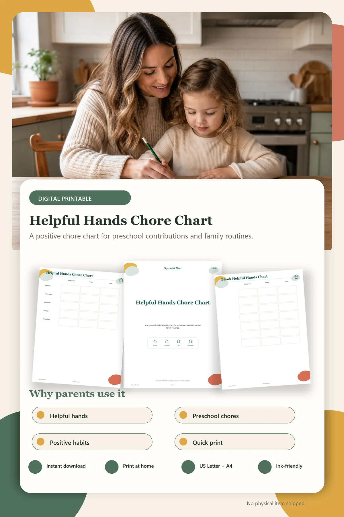Helpful Hands Chore Chart product details and printable page previews - Sprout & Nest