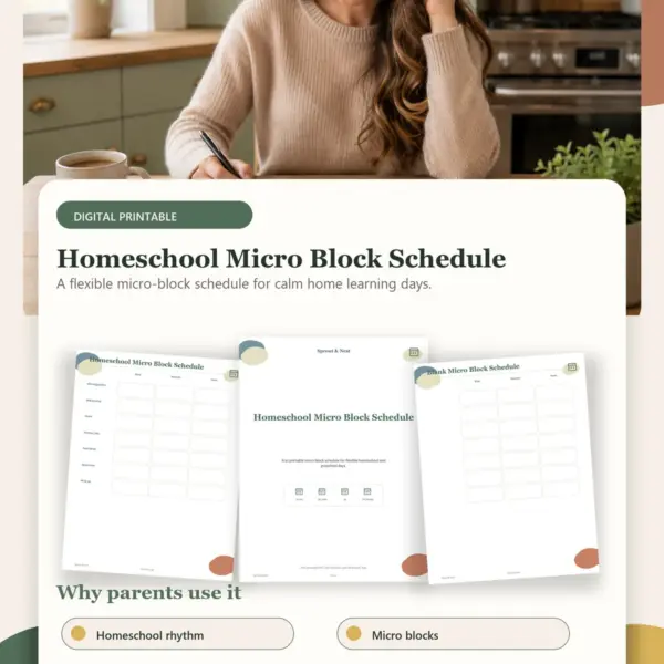 Homeschool Micro Block Schedule – Product Info Image Homeschool Micro Block Schedule product details and printable page previews - Sprout & Nest