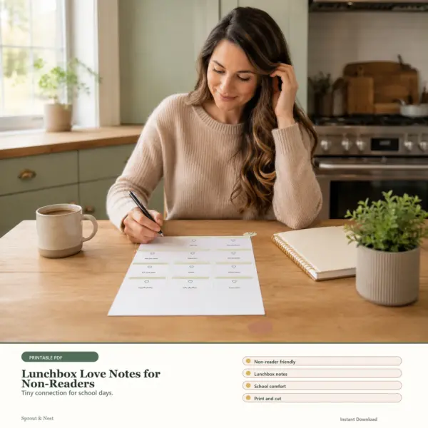 Lunchbox Love Notes for Non-Readers printable PDF preview in a calm home scene - Sprout & Nest