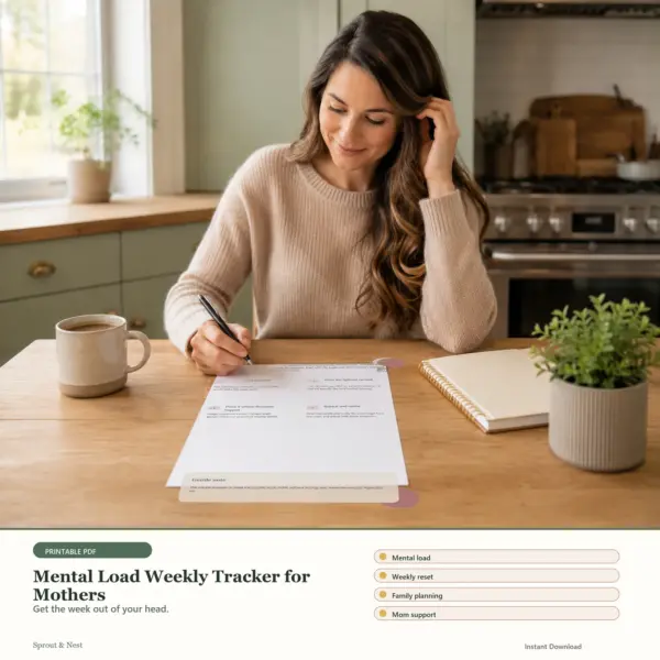 Mental Load Weekly Tracker for Mothers printable PDF preview in a calm home scene - Sprout & Nest