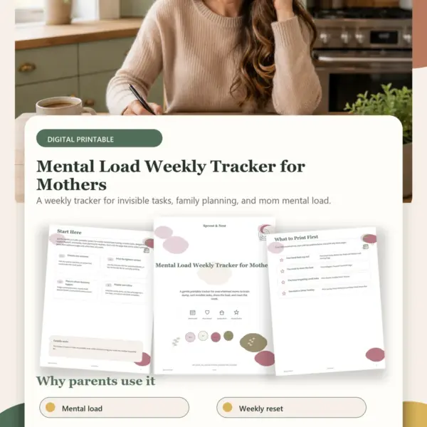 Mental Load Weekly Tracker for Mothers product details and printable page previews - Sprout & Nest