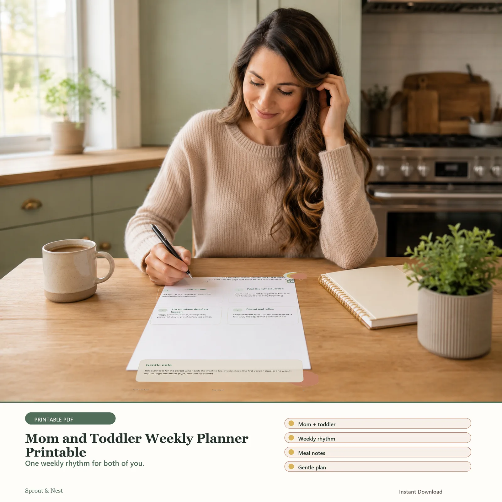 Mom and Toddler Weekly Planner Printable printable PDF preview in a calm home scene - Sprout & Nest