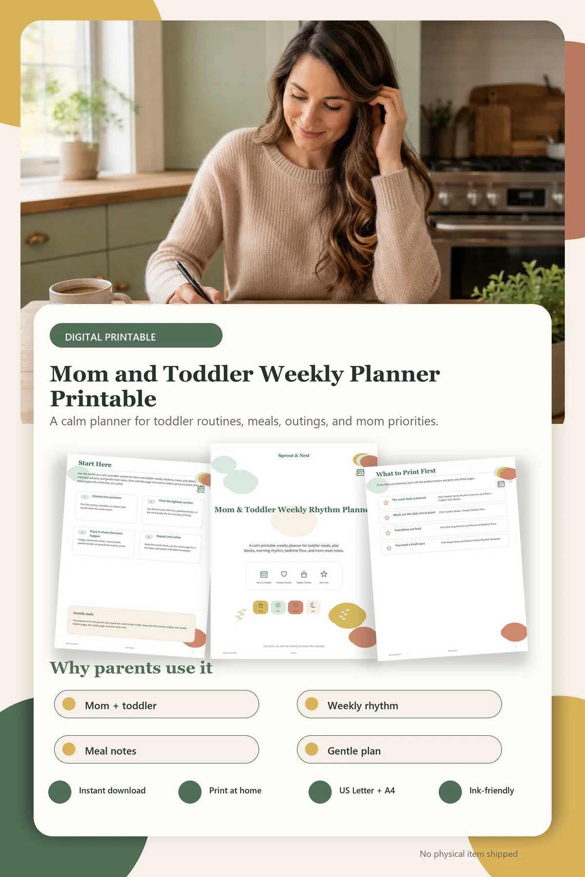 Mom and Toddler Weekly Planner Printable product details and printable page previews - Sprout & Nest