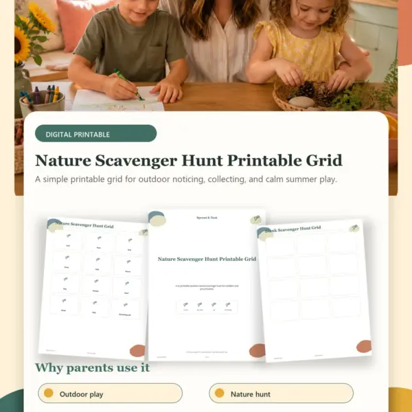 Nature Scavenger Hunt Printable Grid – Product Info Image Nature Scavenger Hunt Printable Grid product details and printable page previews - Sprout & Nest