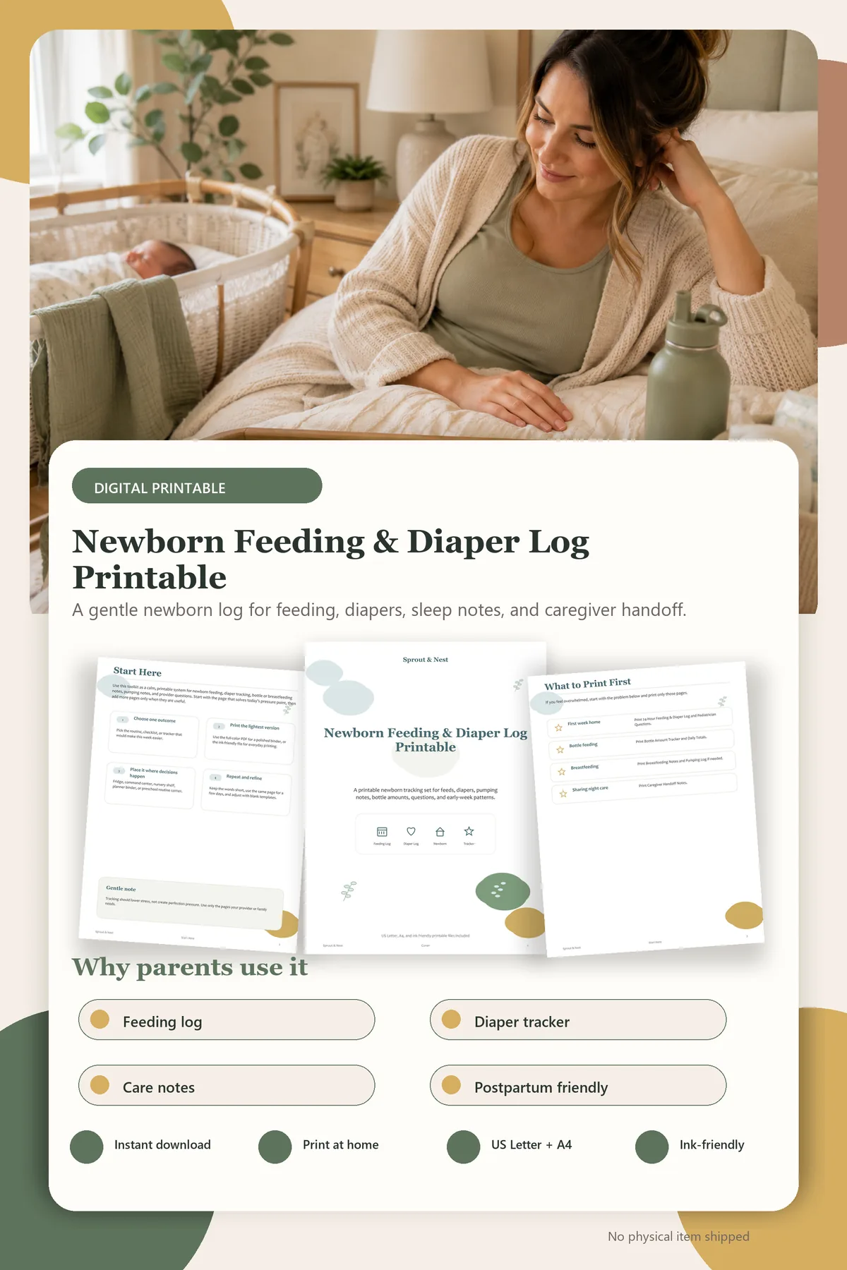 Newborn Feeding & Diaper Log Printable product details and printable page previews - Sprout & Nest
