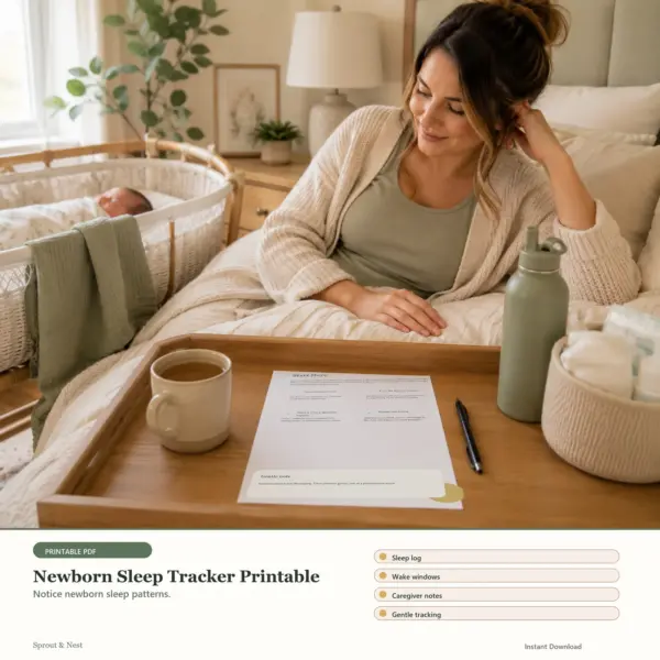 Newborn Sleep Tracker Printable printable PDF preview in a calm home scene - Sprout & Nest