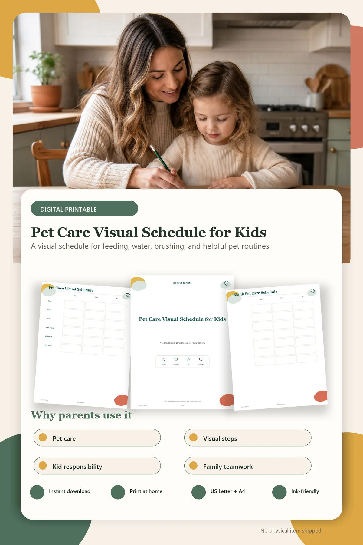 Pet Care Visual Schedule for Kids product details and printable page previews - Sprout & Nest