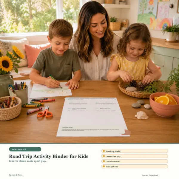 Road Trip Activity Binder for Kids printable PDF preview in a calm home scene - Sprout & Nest
