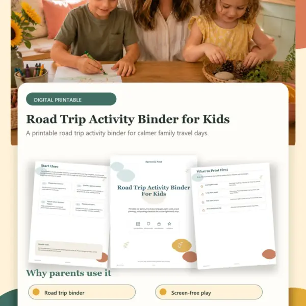 Road Trip Activity Binder for Kids product details and printable page previews - Sprout & Nest