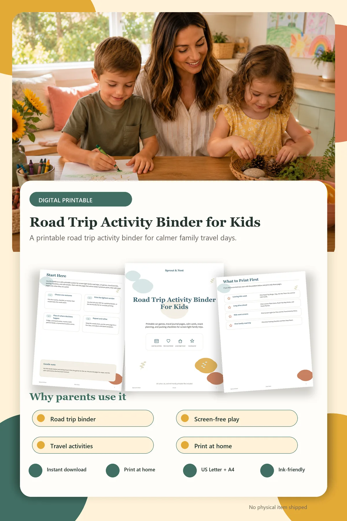 Road Trip Activity Binder for Kids product details and printable page previews - Sprout & Nest