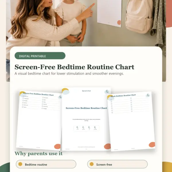 Screen-Free Bedtime Routine Chart product details and printable page previews - Sprout & Nest