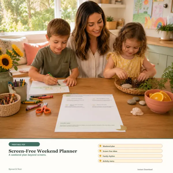 Screen-Free Weekend Planner printable PDF preview in a calm home scene - Sprout & Nest