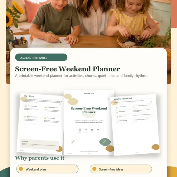 Screen-Free Weekend Planner product details and printable page previews - Sprout & Nest
