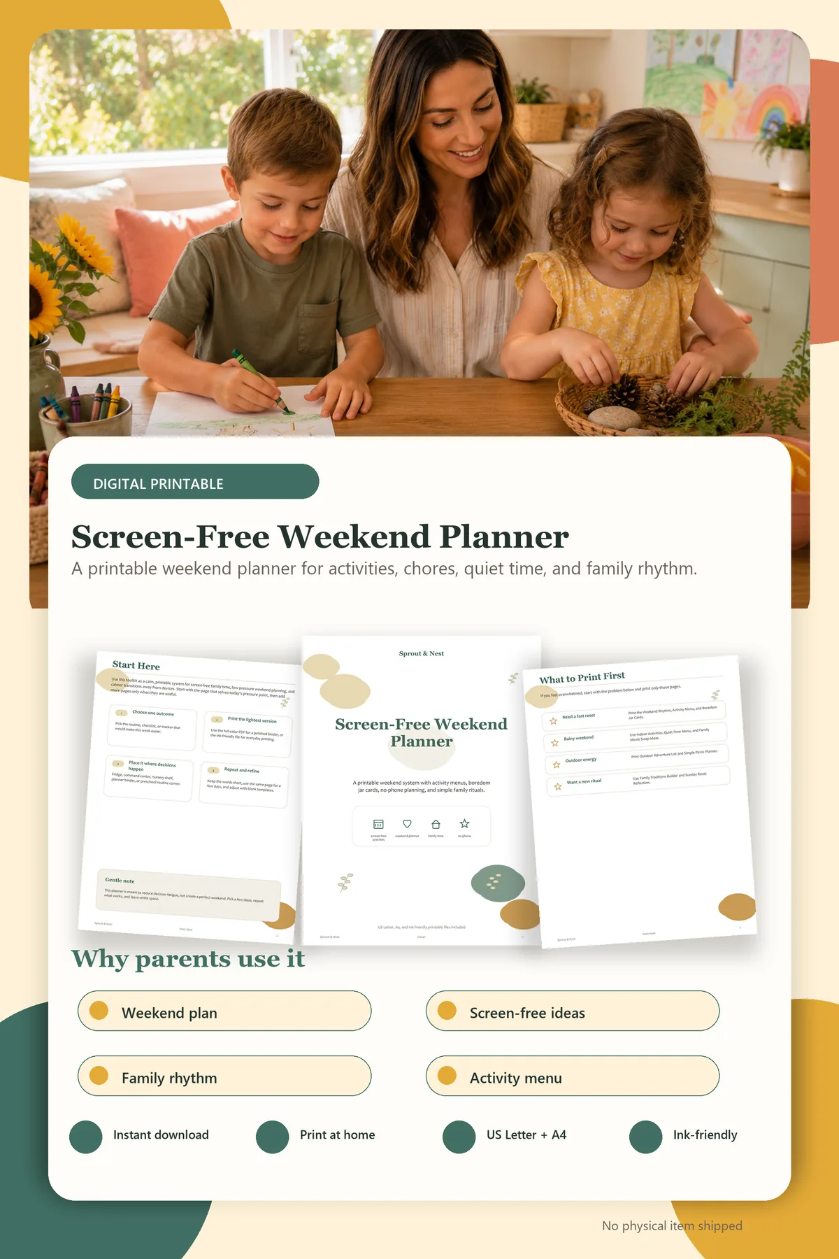 Screen-Free Weekend Planner product details and printable page previews - Sprout & Nest