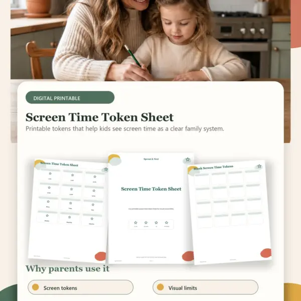 Screen Time Token Sheet – Product Info Image Screen Time Token Sheet product details and printable page previews - Sprout & Nest