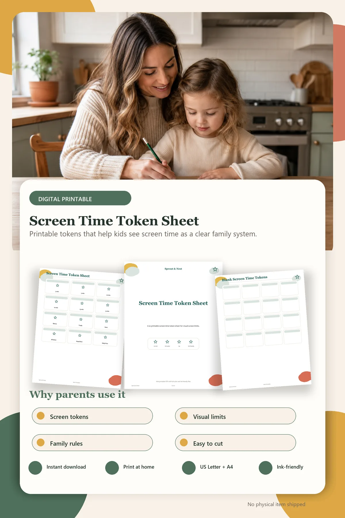 Screen Time Token Sheet product details and printable page previews - Sprout & Nest