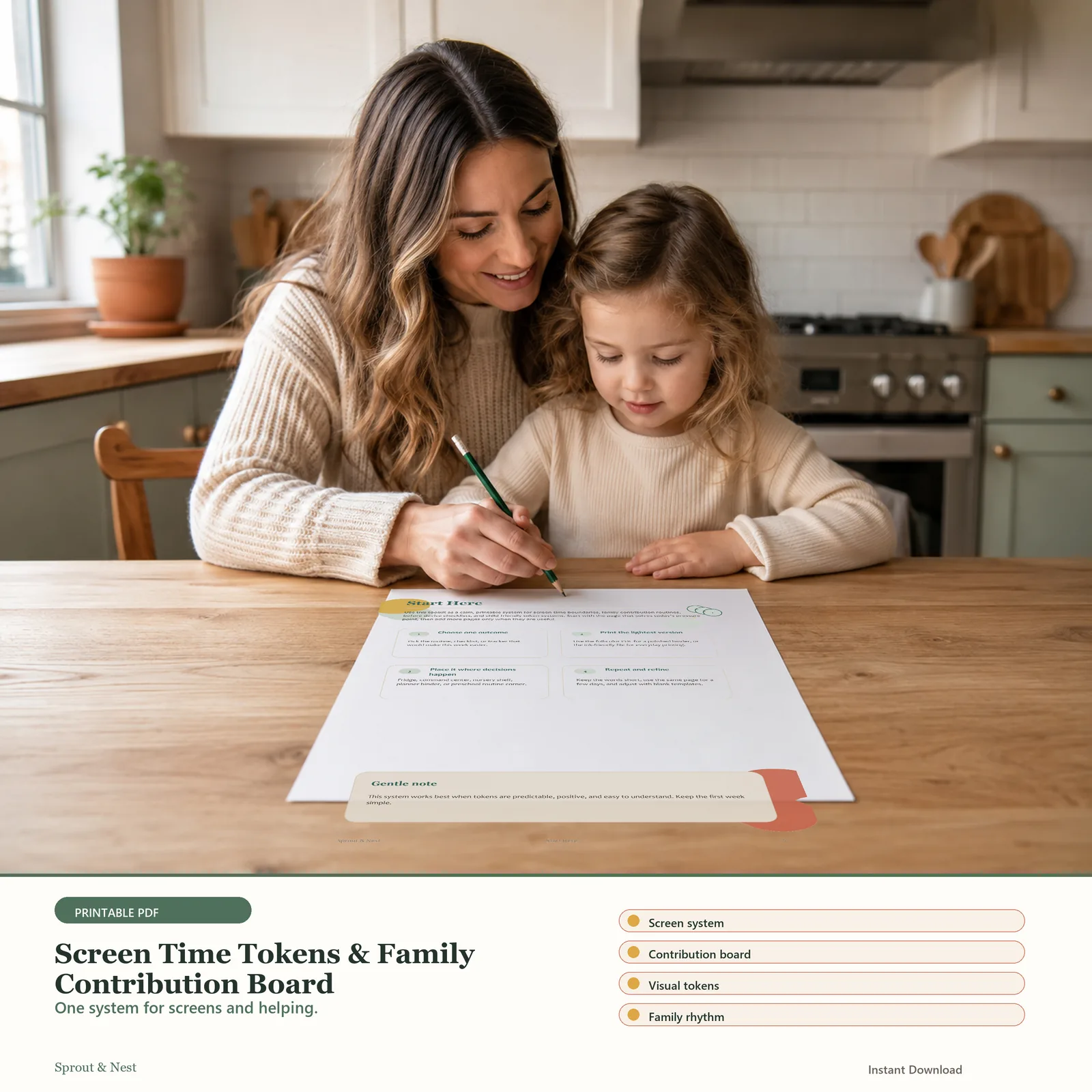 Screen Time Tokens & Family Contribution Board printable PDF preview in a calm home scene - Sprout & Nest
