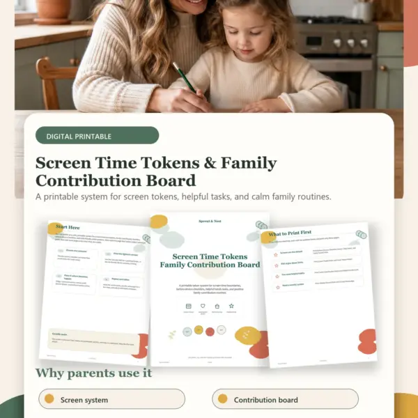 Screen Time Tokens & Family Contribution Board product details and printable page previews - Sprout & Nest