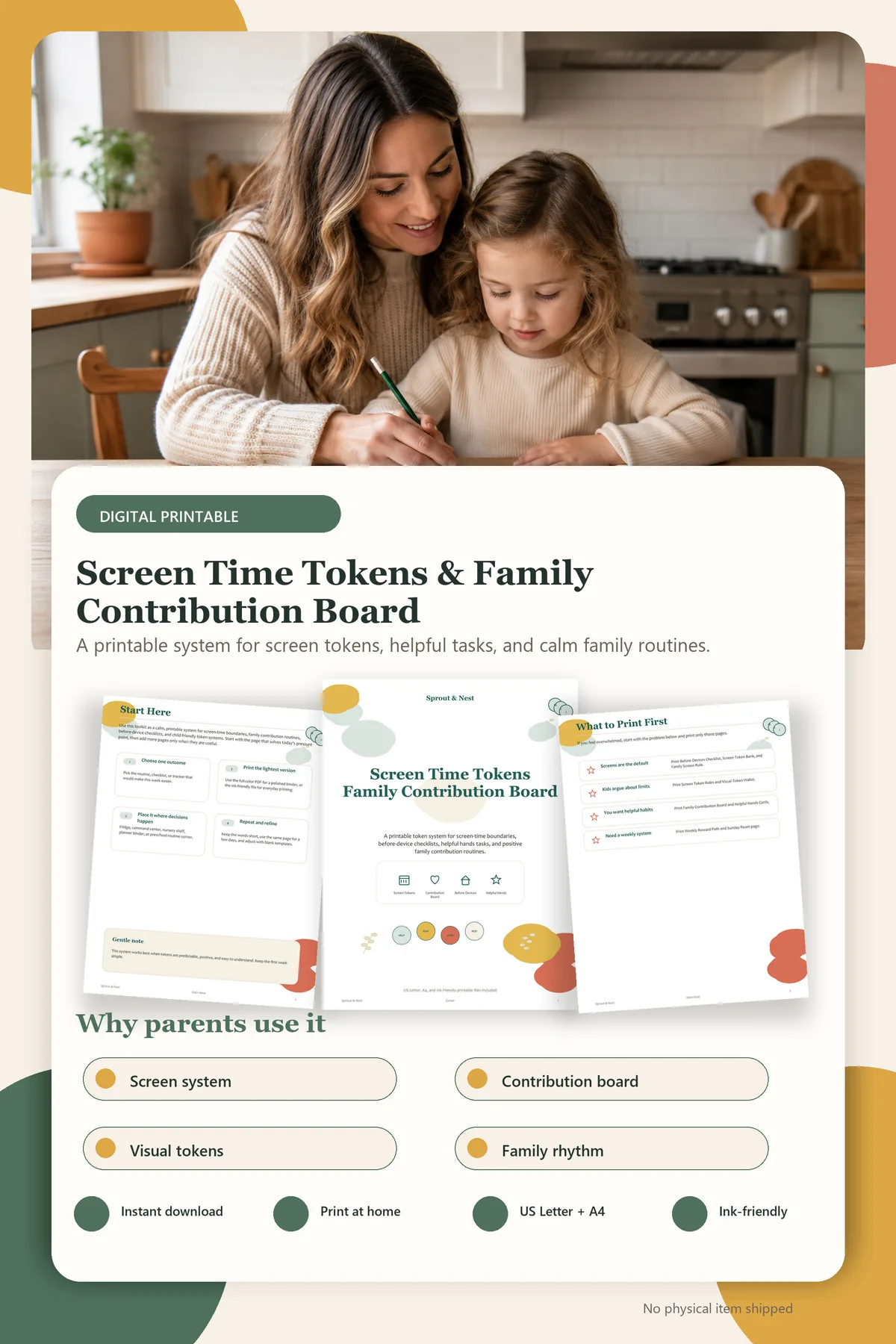 Screen Time Tokens & Family Contribution Board product details and printable page previews - Sprout & Nest