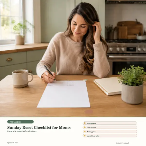 Sunday Reset Checklist for Moms printable PDF preview in a calm home scene - Sprout & Nest