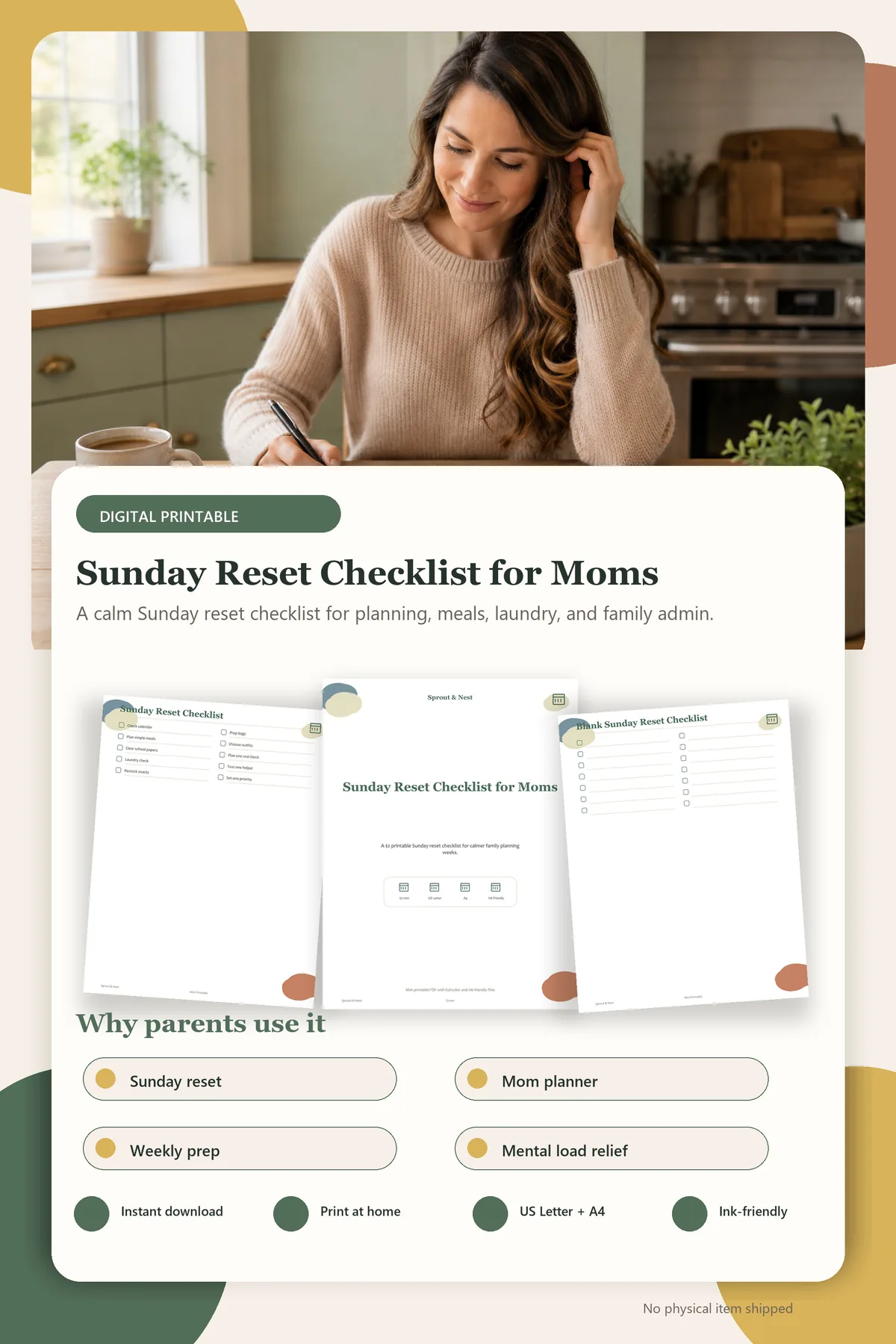 Sunday Reset Checklist for Moms product details and printable page previews - Sprout & Nest