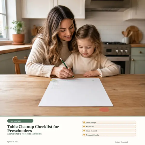 Table Cleanup Checklist for Preschoolers printable PDF preview in a calm home scene - Sprout & Nest