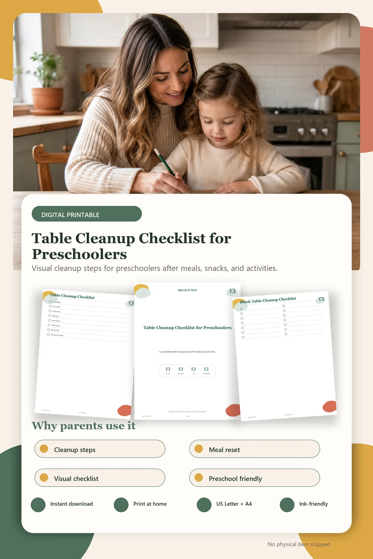 Table Cleanup Checklist for Preschoolers product details and printable page previews - Sprout & Nest