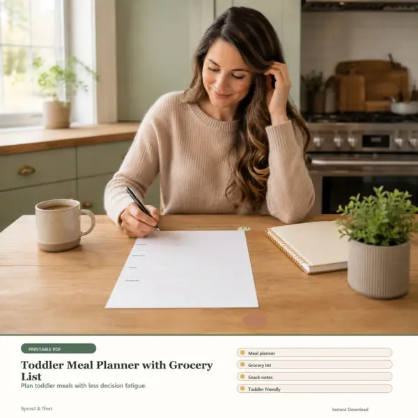 Toddler Meal Planner with Grocery List printable PDF preview in a calm home scene - Sprout & Nest