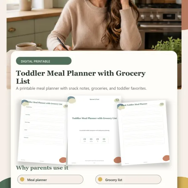 Toddler Meal Planner with Grocery List product details and printable page previews - Sprout & Nest