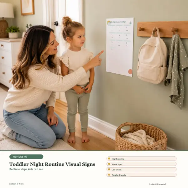 Toddler Night Routine Visual Signs printable PDF preview in a calm home scene - Sprout & Nest