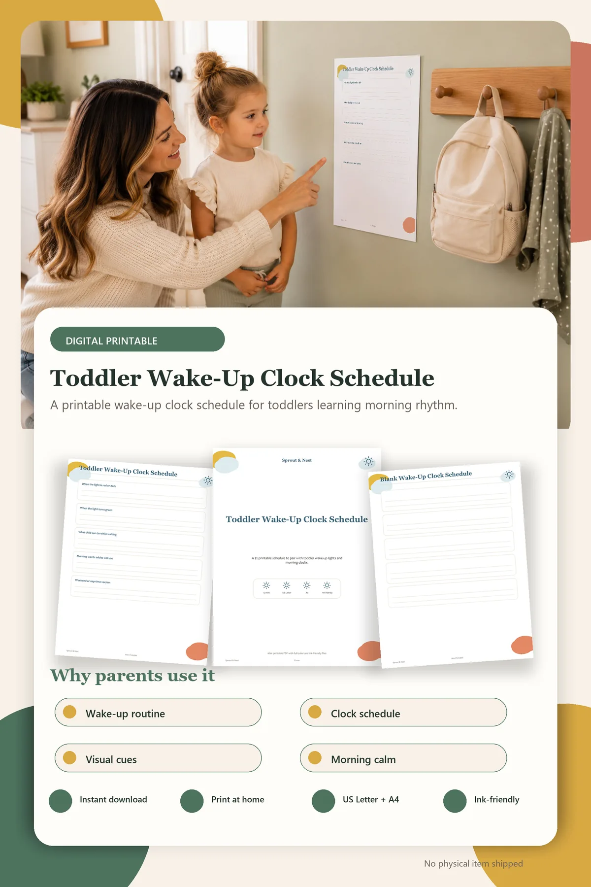Toddler Wake-Up Clock Schedule product details and printable page previews - Sprout & Nest