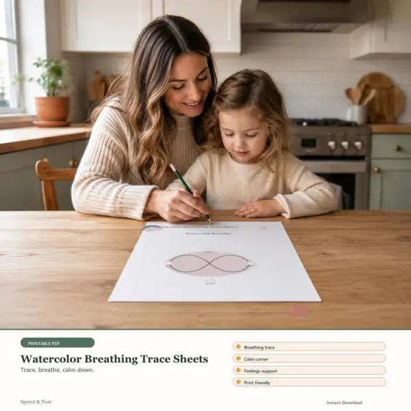 Watercolor Breathing Trace Sheets printable PDF preview in a calm home scene - Sprout & Nest