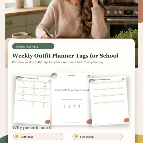 Weekly Outfit Planner Tags for School product details and printable page previews - Sprout & Nest