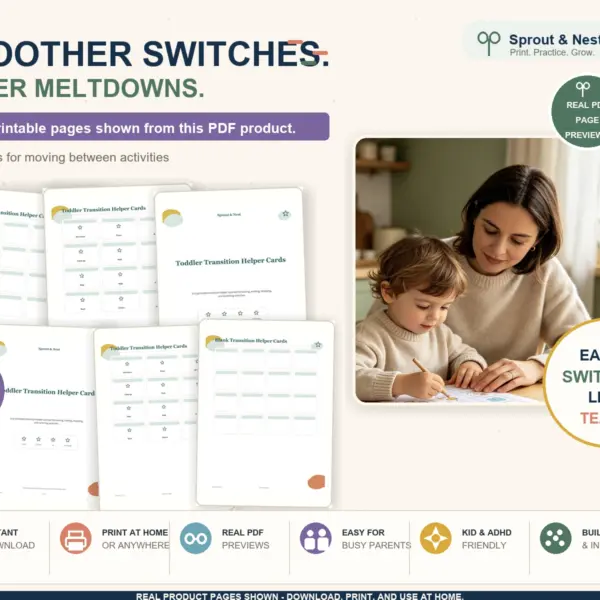 Toddler Transition Helper Cards real PDF product overview showing actual printable pages and benefits