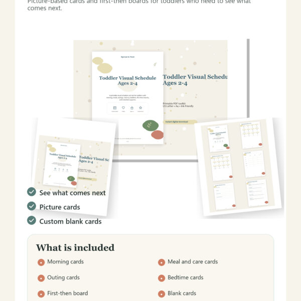 Toddler Visual Schedule Ages 2-4 sales information image Toddler Visual Schedule Ages 2-4 product overview showing included printable PDF pages and benefits