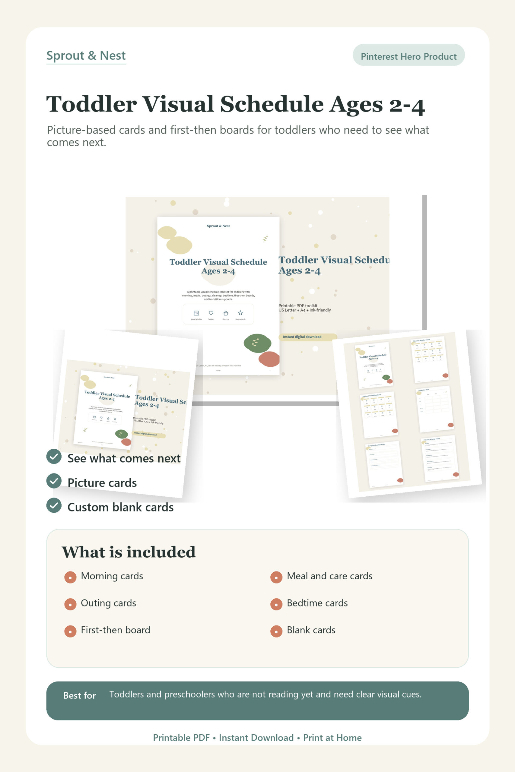 Toddler Visual Schedule Ages 2-4 product overview showing included printable PDF pages and benefits